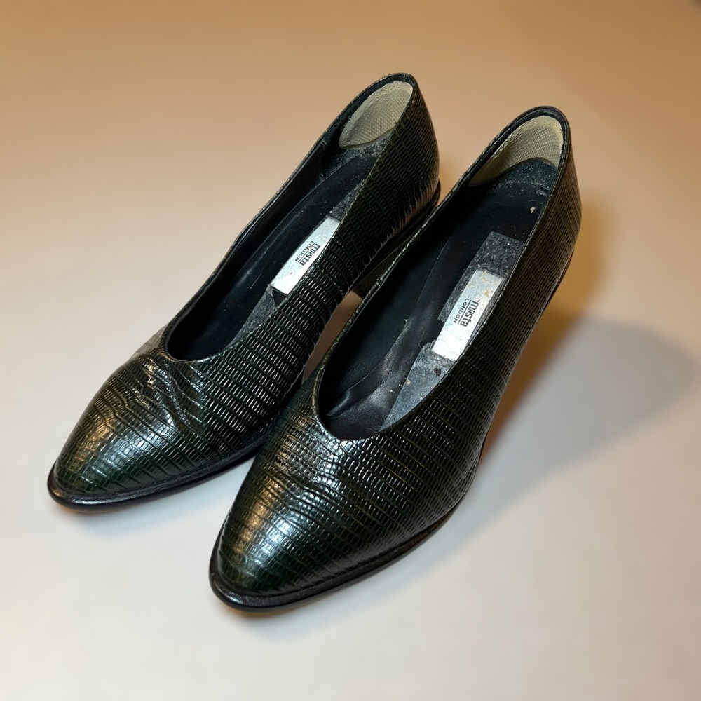 Miista London Womens 38 Pumps Dark Green Lizard Embossed Leather‎ Block Heel GUC